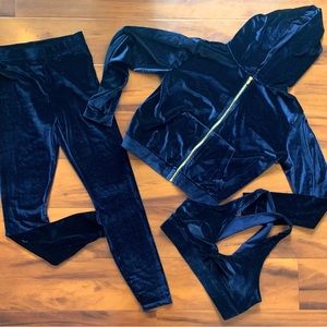 Fabletics navy velour 3 piece suit . Includes  jacket , sports bra , leggings